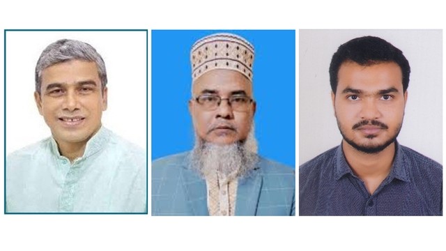 বাঁ থেকে পঞ্চগড়-২ আসনের বিএনপি প্রার্থী ফরহাদ হোসেন আজাদ, জামায়াতে ইসলামীর প্রার্থী সফিউল্লাহ সুফি এবং এনসিপির সম্ভাব্য প্রার্থী শিশির আসাদ।